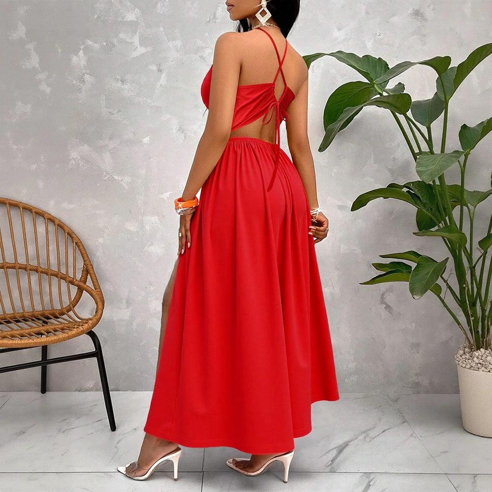 Deep V-neck Drawstring Halter Dress by GJG Denim