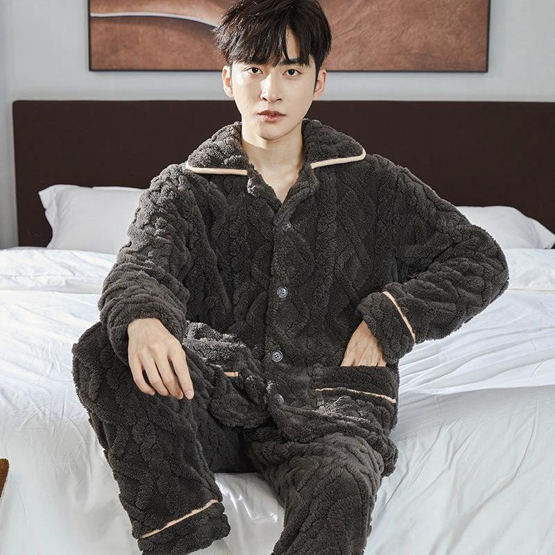 Pajamas Men's Jacquard Flannel Loose Fleece-lined Warm Loungewear by GJG Denim