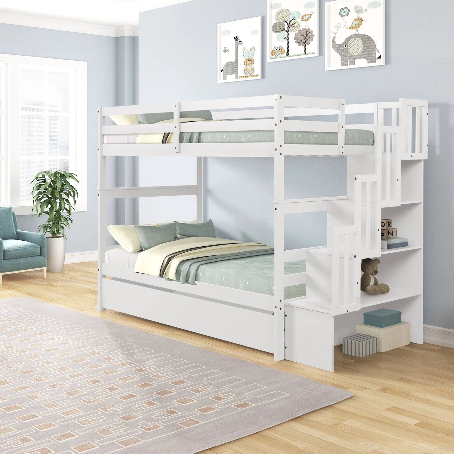 Twin Bunk Beds With Trundle & Stairway Storage In White by GJG Denim