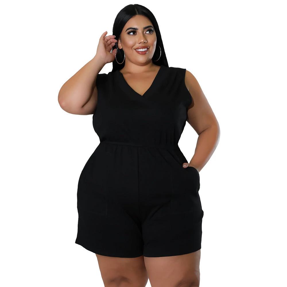 Plus Size Women's V-neck Solid Color Sleeveless Casual Waist Overalls by GJG Denim