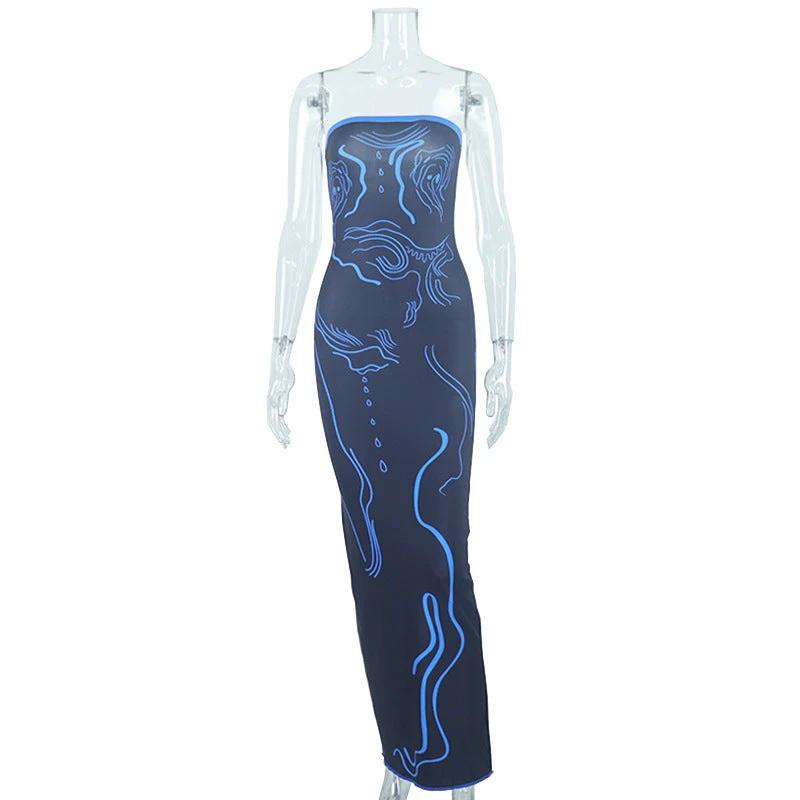 Celebrity Dresses Print Contrast Wrap Chest Off Neck Long Dress by GJG Denim