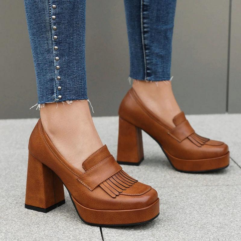 Women's Retro Chunky-Soled Commute Wedge Ultra-High Heels by GJG Denim