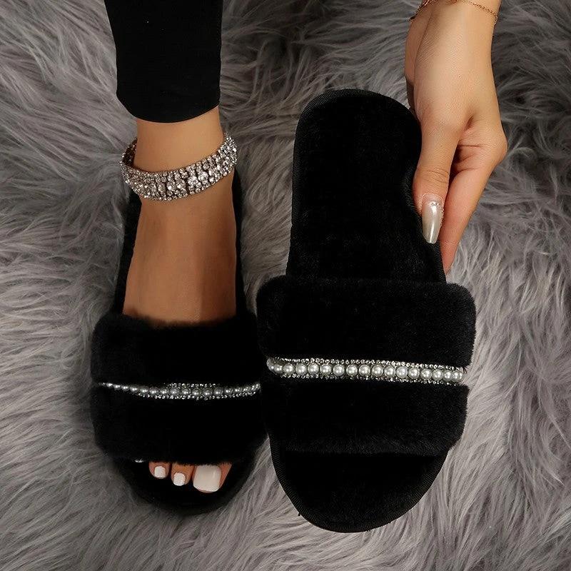 Fashion Solid Color Plush Slippers With Pearl Flat House Slippers Outdoor Indoor Shoes by GJG Denim