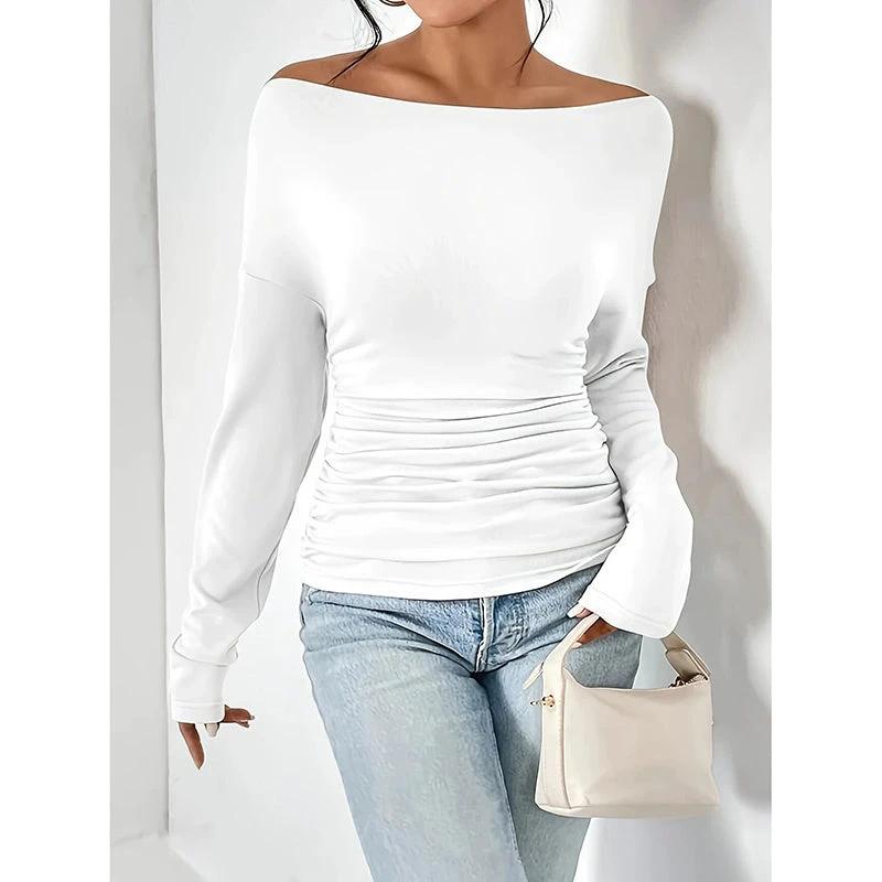 Women's Off The Shoulder Tops Long Sleeve T Shirts Going Out Tops Casual Trendy Ruched Slim Fitted Tees by GJG Denim