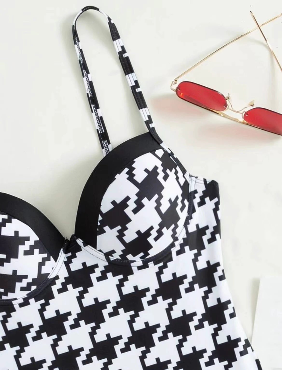 Retro Houndstooth Hard Bag One-piece Women's Beach Swimwear by GJG Denim