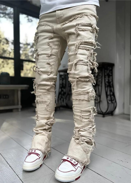 Men's Individual Patched Pants Long Tight Fit Stacked Jeans by GJG Denim