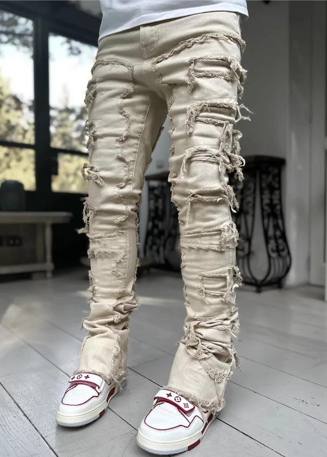 Men's Individual Patched Pants Long Tight Fit Stacked Jeans by GJG Denim