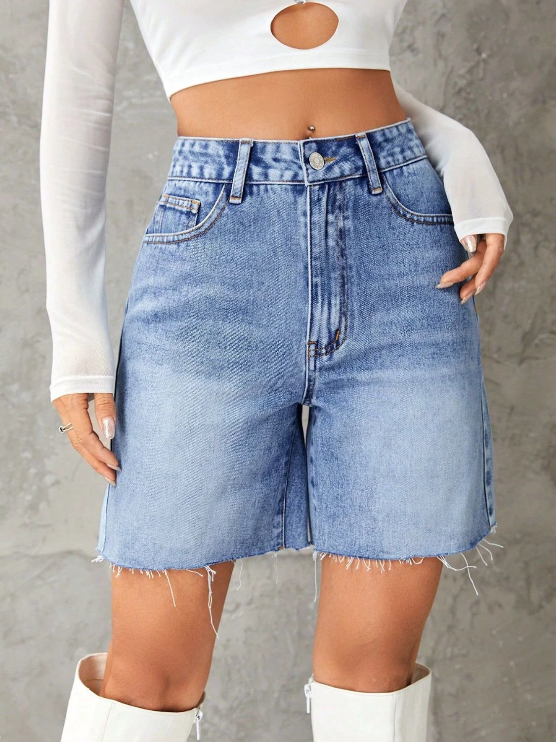 Frayed Hem Denim Shorts by Lady Ros