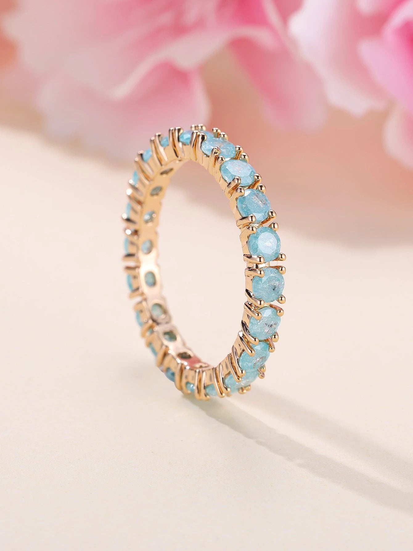 French Retro Champagne Gold Blue Ice Flower Zirconium Full Diamond Ring by GJG Denim