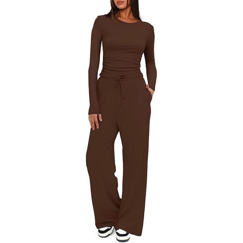 2 Pieces Women's Suit Autumn Winte Long Sleeve Tops High Waisted Wide Leg Pants Sportswear Female Clothes Solid Color Casual Suit by GJG Denim