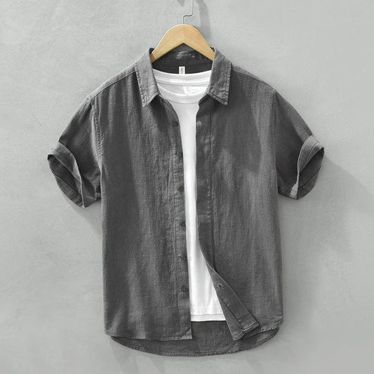 Comfortable Breathable Cotton And Linen Lapel Short Sleeve Shirt by GJG Denim