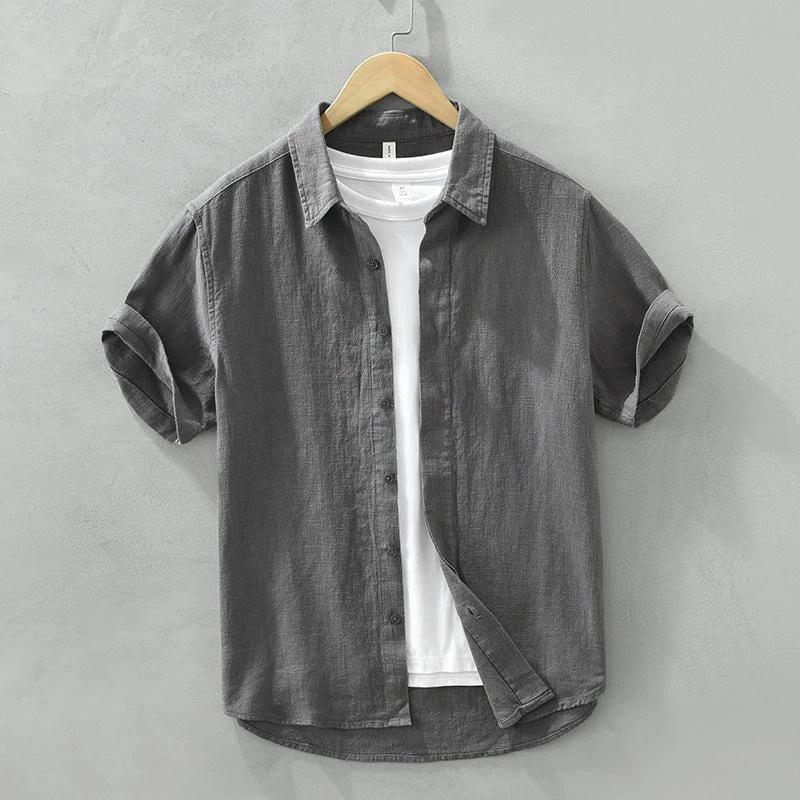 Comfortable Breathable Cotton And Linen Lapel Short Sleeve Shirt by GJG Denim
