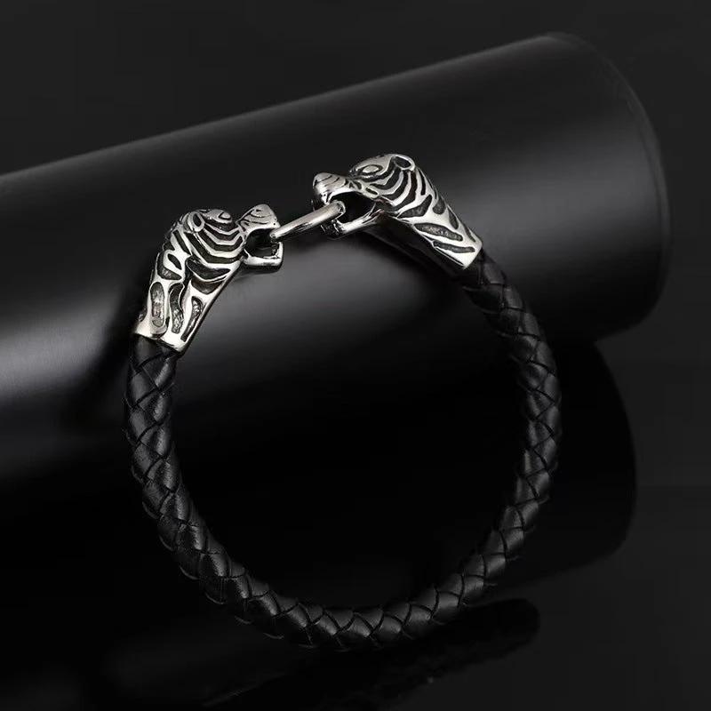 Men's Bold Retro Bracelet With Two Tiger Heads by GJG Denim