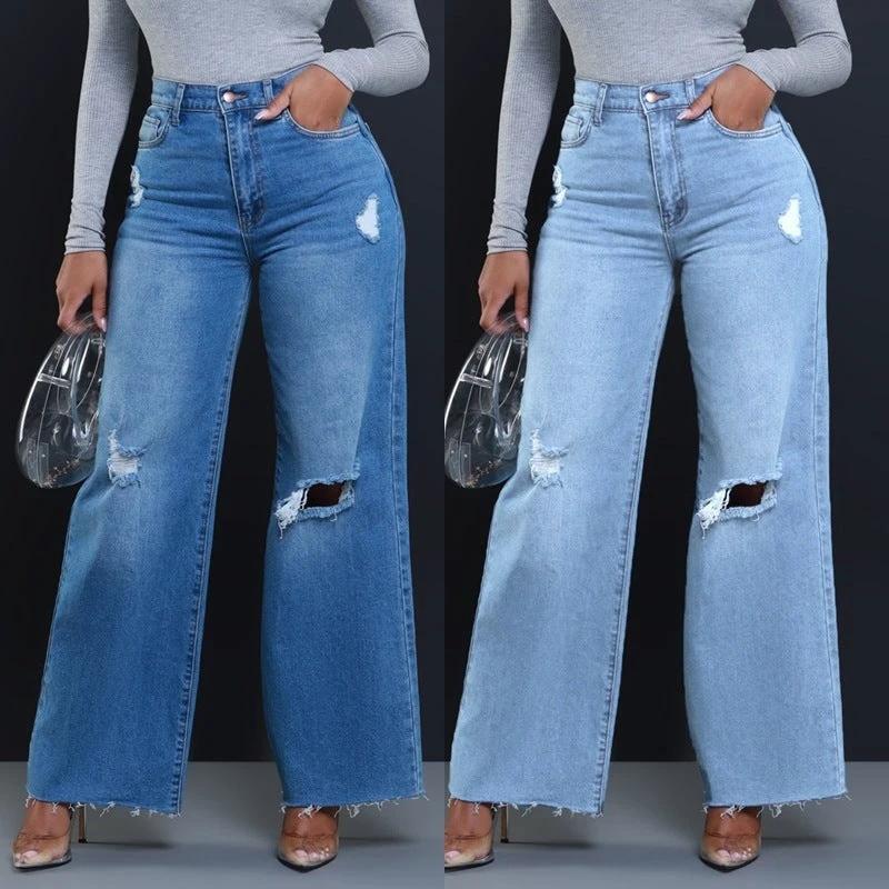 Women's Ripped High Waist Loose Straight Wide Leg Jeans by GJG Denim