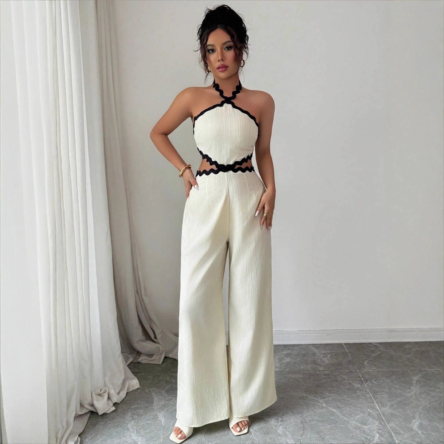 Women's Fashionable Wave Lace Texture Halter Stitching Hollow-out Jumpsuit by GJG Denim