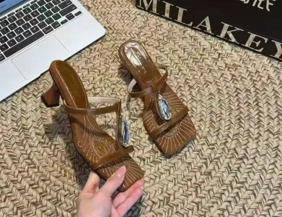 French Wedge Sandals For Women, Summer New Arrival Fairy Style square toe Thin Strap T-Strap Buckle Elegant Rhinestone Dress Sandals by GJG Denim