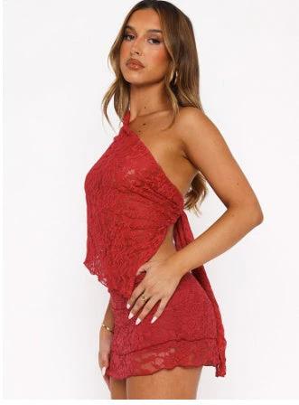 Women's Irregular Lace One-piece Top Two-piece Overskirt Suit by GJG Denim