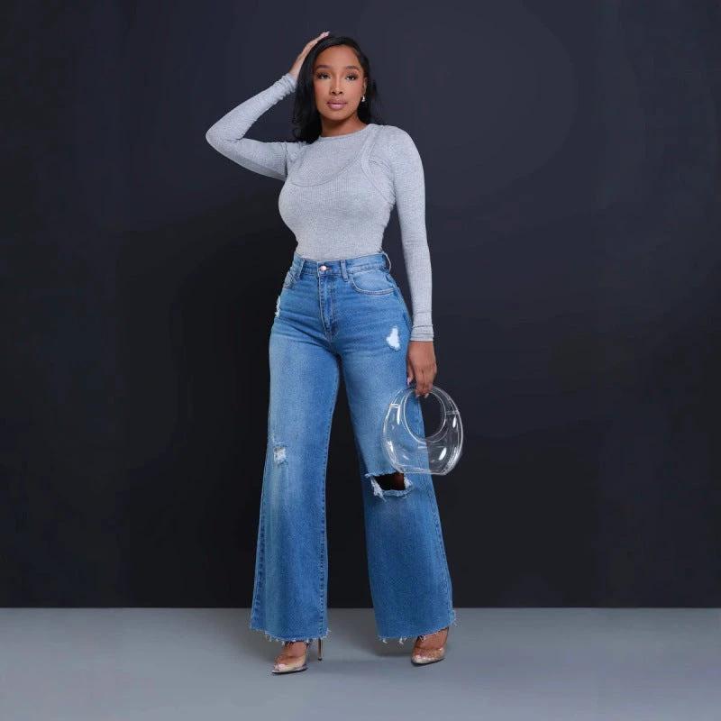 Women's Ripped High Waist Loose Straight Wide Leg Jeans by GJG Denim