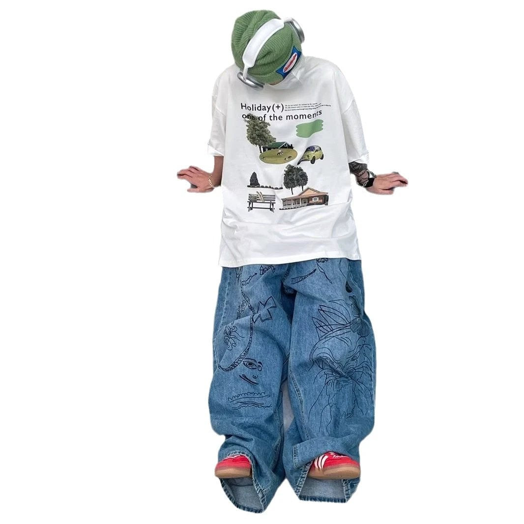 Men's Street Graffiti Wide-leg Jeans by GJG Denim