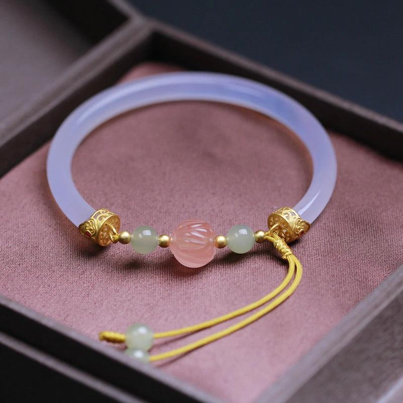 Natural White Agate Half Bracelet With South Red Lotus Beads Accessories S925 Silver by GJG Denim