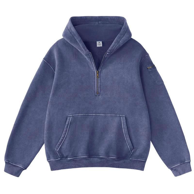 Men's Solid-Color Zip-Up Casual Loose Long-Sleeve Hoodie by GJG Denim