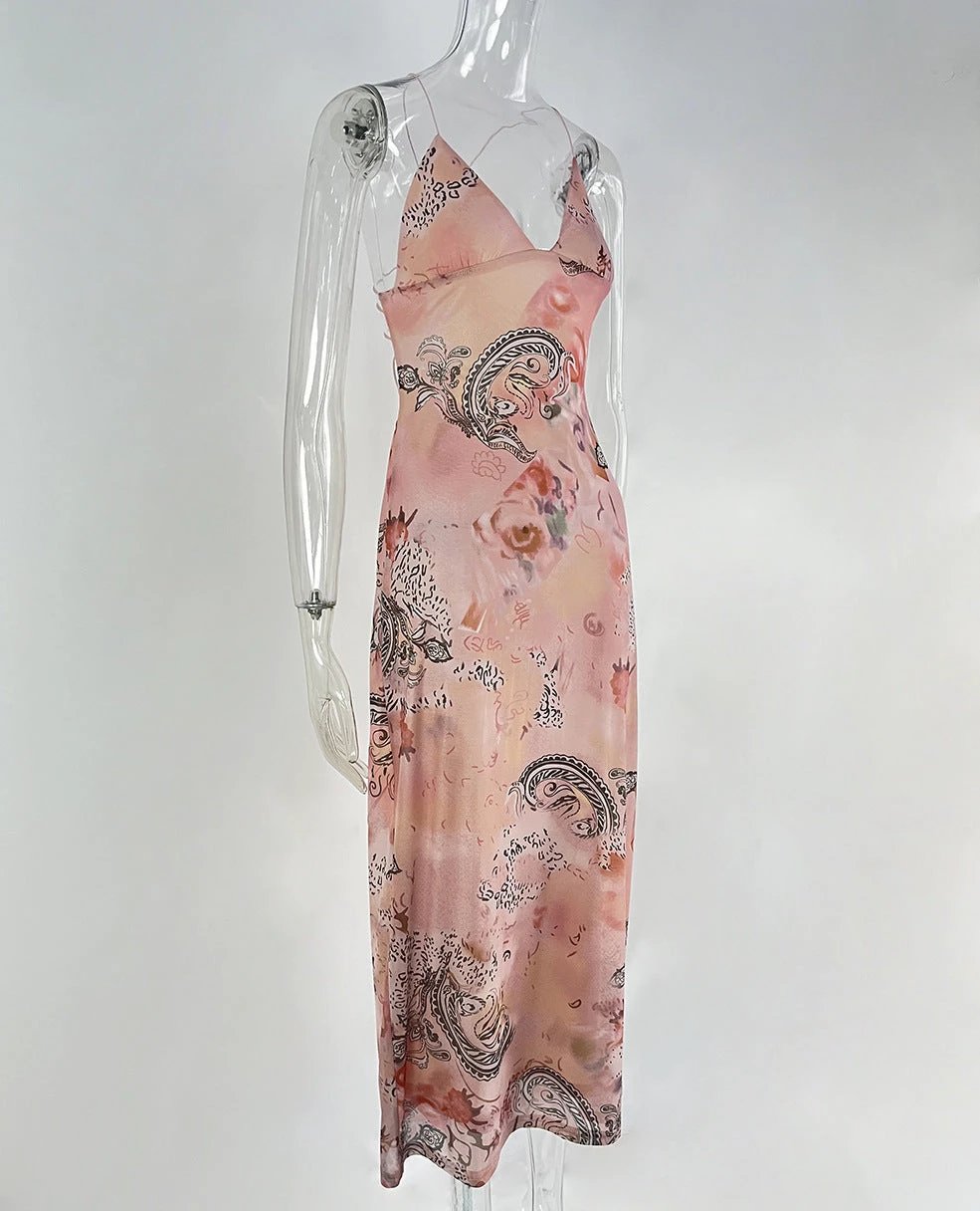 Floral Print Halter Spaghetti Straps Dress Sexy Slim Butterfly Back Dressess Spring Summer Womens Clothing by GJG Denim