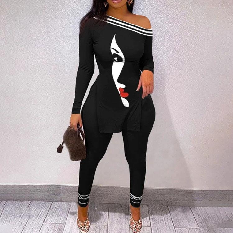 Autumn And Winter New Letter Floral Print Slit Hem Long Sleeve Top Suit Women by GJG Denim
