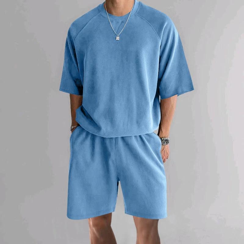 Men's Terry Casual Round Neck Sports Shorts Short Sleeve Two-piece Set by GJG Denim