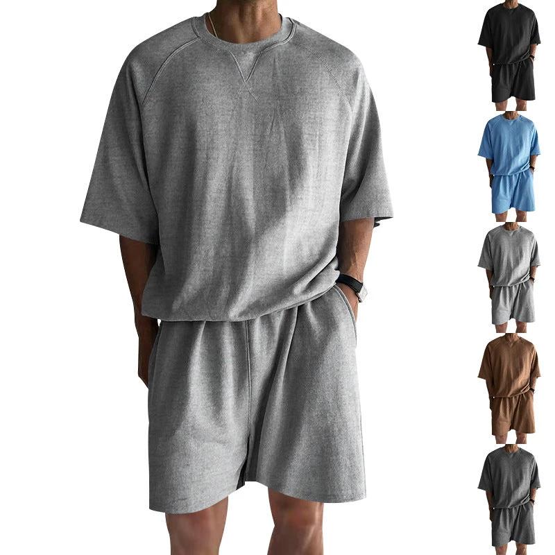 Men's Terry Casual Round Neck Sports Shorts Short Sleeve Two-piece Set by GJG Denim