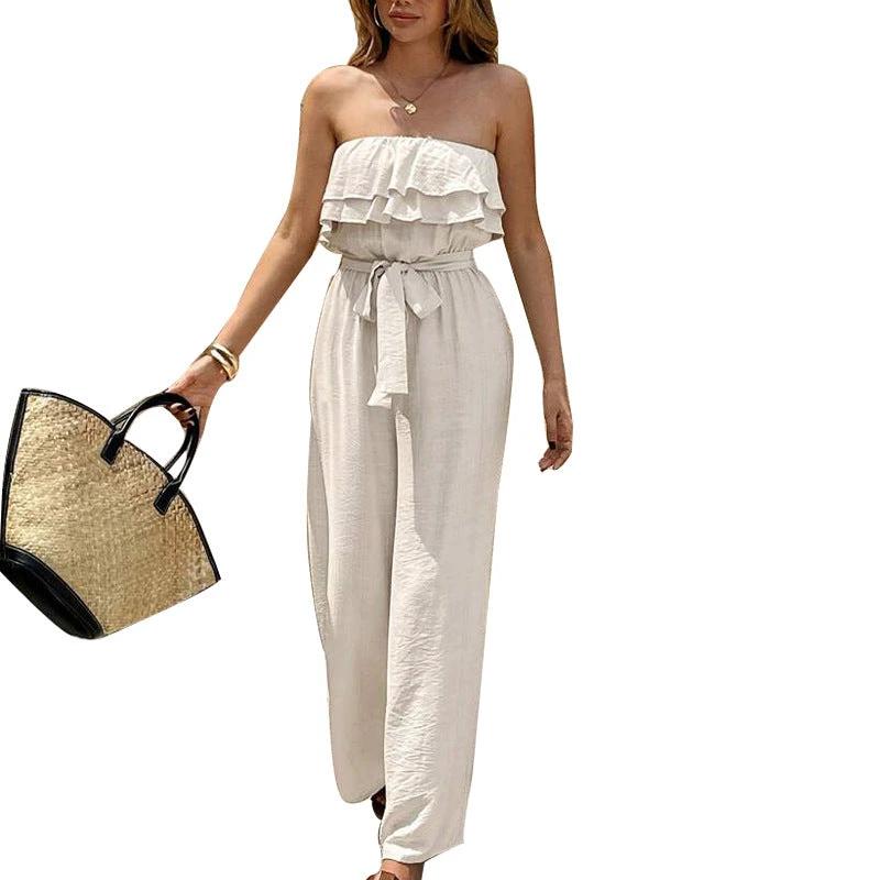 Women's Summer Sleeveless Tube Top Jumpsuit Ruffled Tied Jumpsuit by GJG Denim