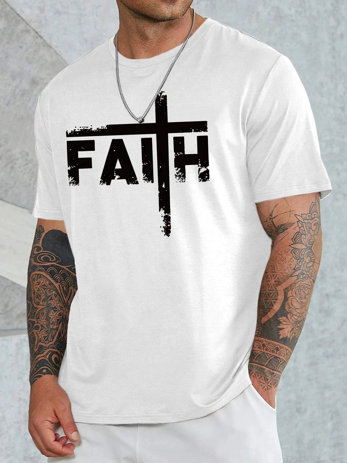 Large Men's Casual Fashion Sports T-shirt, Faith Pattern Round Neck Comfortable T-shirt Summer Clothing by GJG Denim