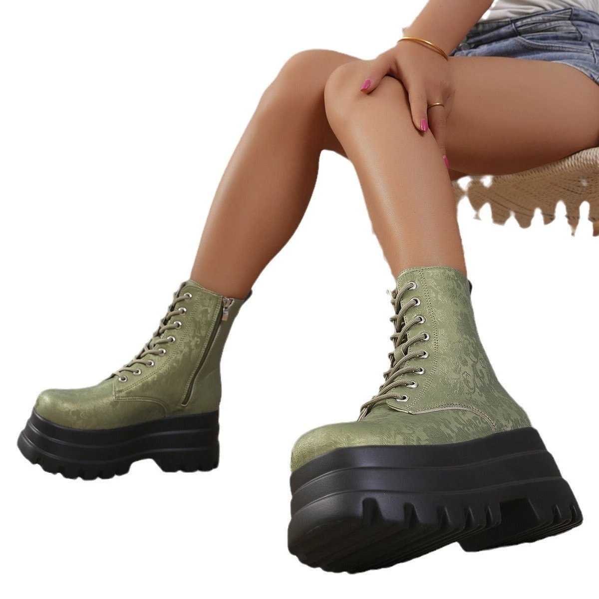 Women's Three-layer Platform Plus Round Toe Patchwork Retro Cool Martin Boots by GJG Denim