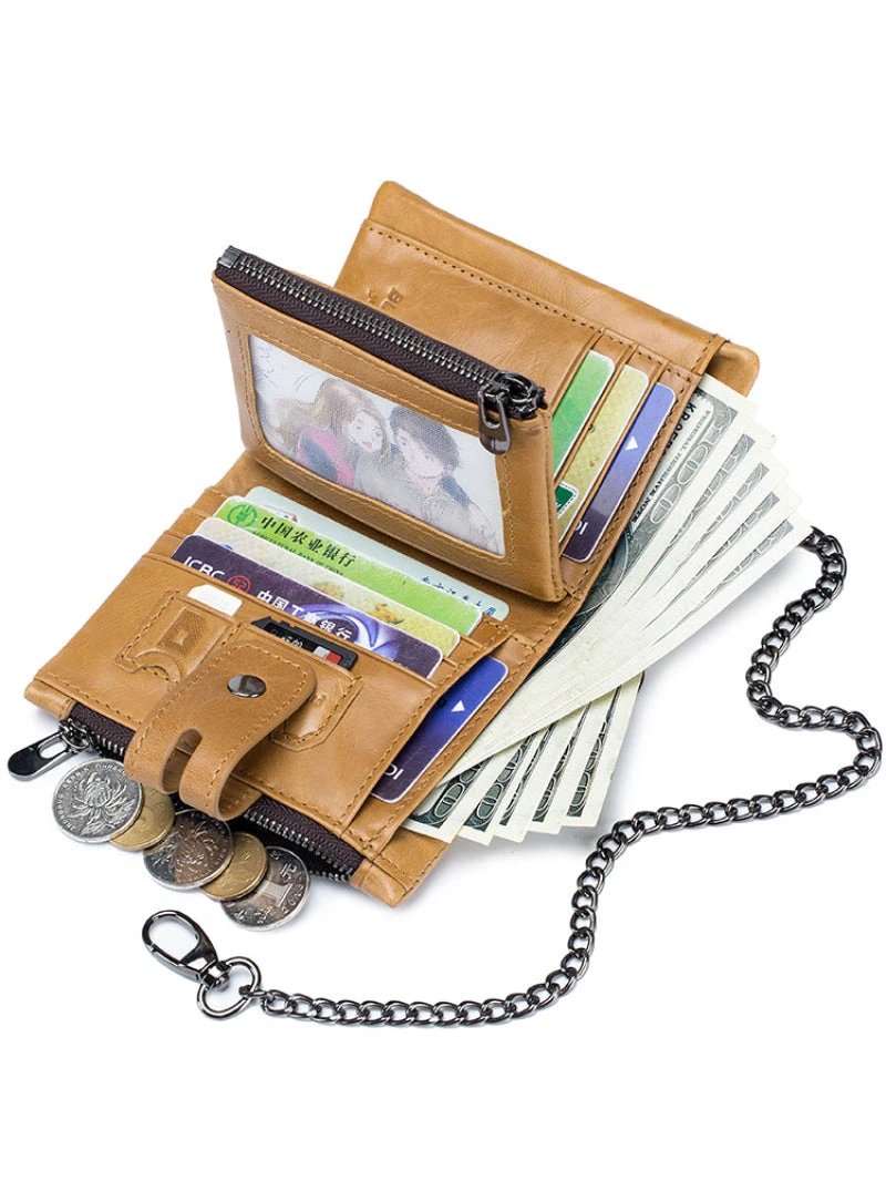Men's Retro Genuine Leather Wallet Compact Bifold With Dual Zippers by GJG Denim