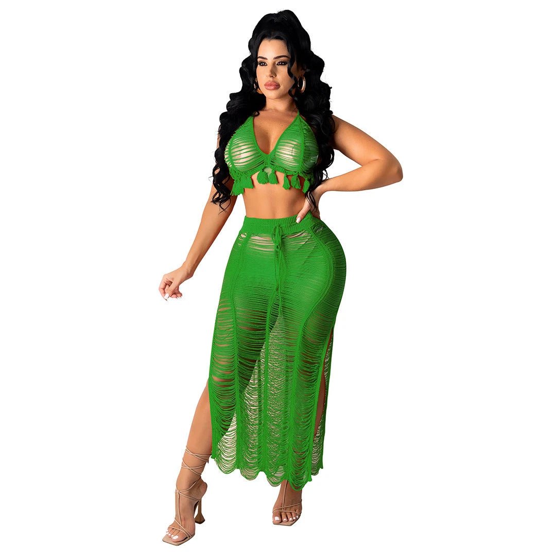 See-through Tassel Knitted Beach Skirt Suit by GJG Denim