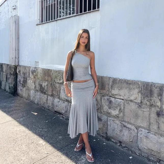 Ins Style Women's Solid Color Sleeveless Vest High Waist Skirt Two-piece Set by GJG Denim