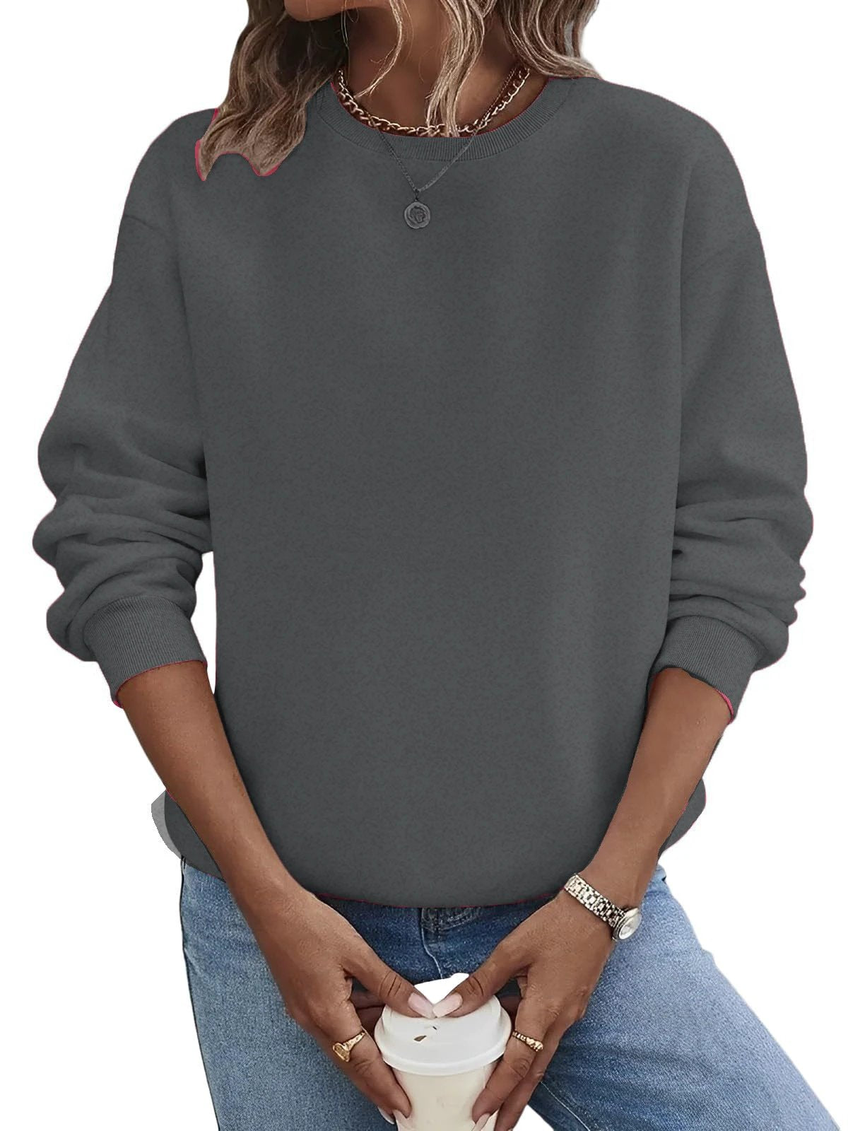Solid Color Blank Round Neck Plus Size Fashion Sweater by GJG Denim
