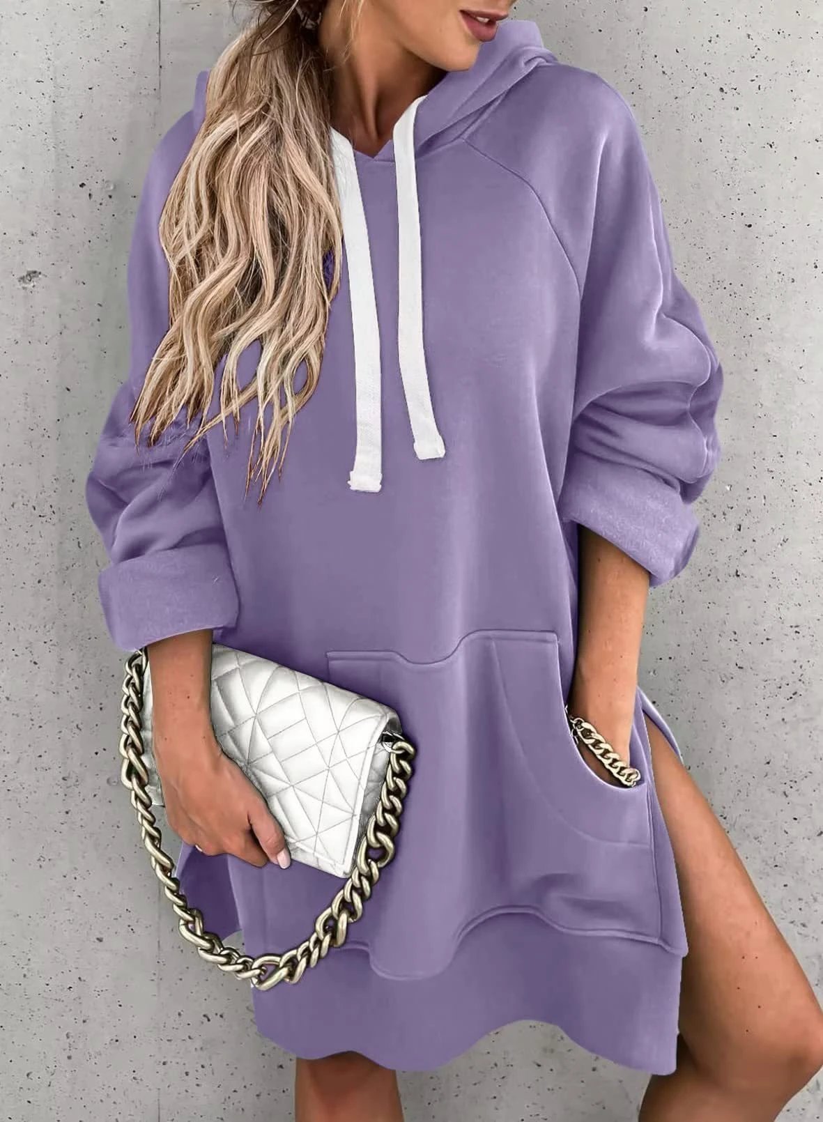 Women's Solid Color Hooded Mid-length Sweater by GJG Denim