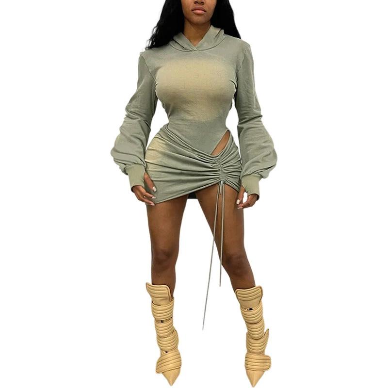 Women's Sexy Backless Hooded Jumpsuit Drawstring Bag Hip Skirt by GJG Denim