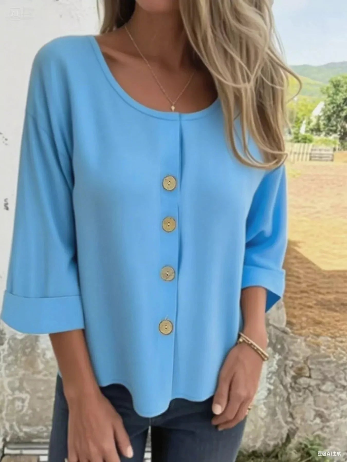 Full Size Button-Front 3/4 Sleeve Casual Blouse Plus Size by Lady Ros