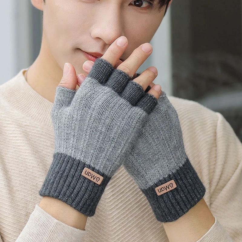 Men's Thick Knitted Half Finger Gloves by GJG Denim