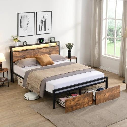 Queen Size Bed Frame With Storage Headboard And 2 Drawers, LED Lights Bed With Charging Station by GJG Denim