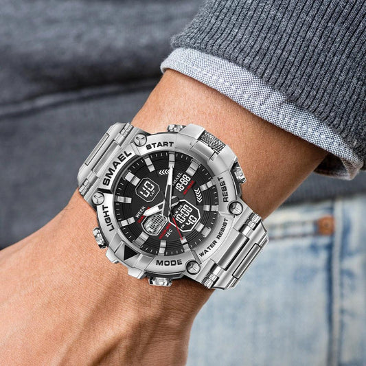 Men's Luminous Stainless Steel Alloy Double Display Electronic Watch by GJG Denim
