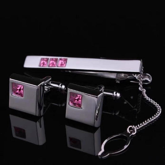 Men's Suit Shirt Rhinestone-encrusted Silver Cufflinks Tie Clip 3 Pieces Suit by GJG Denim