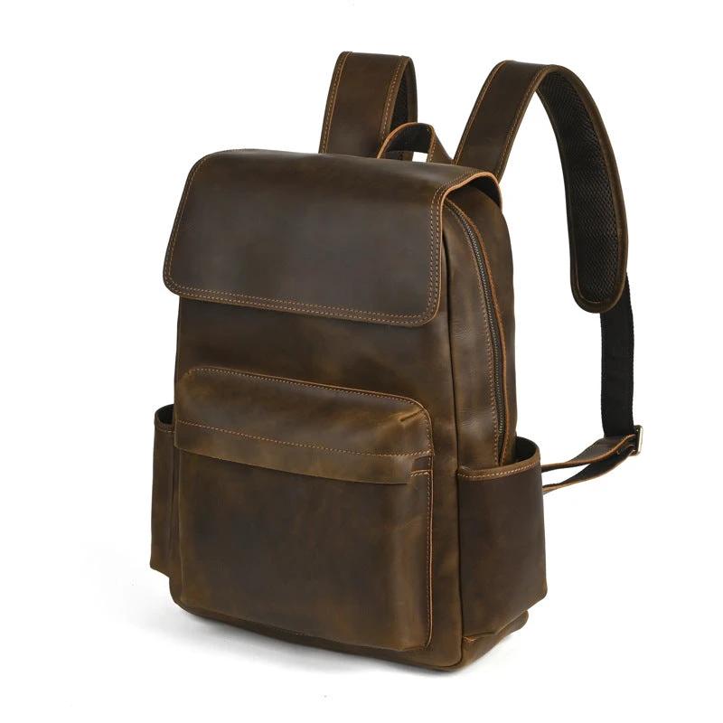 Flip-Top Design Multi-Pocket High-Capacity Commuter Leather Backpack For Men by GJG Denim