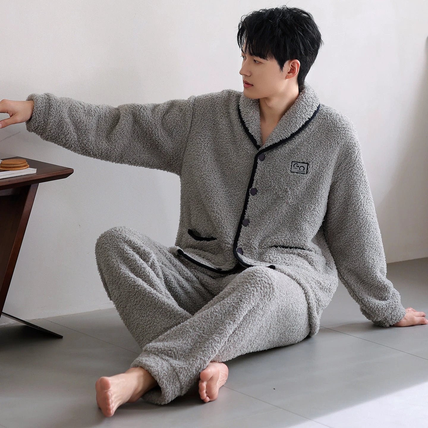 Men's Flannel Thick Warm Long Sleeves Fleece Pajama Set by GJG Denim