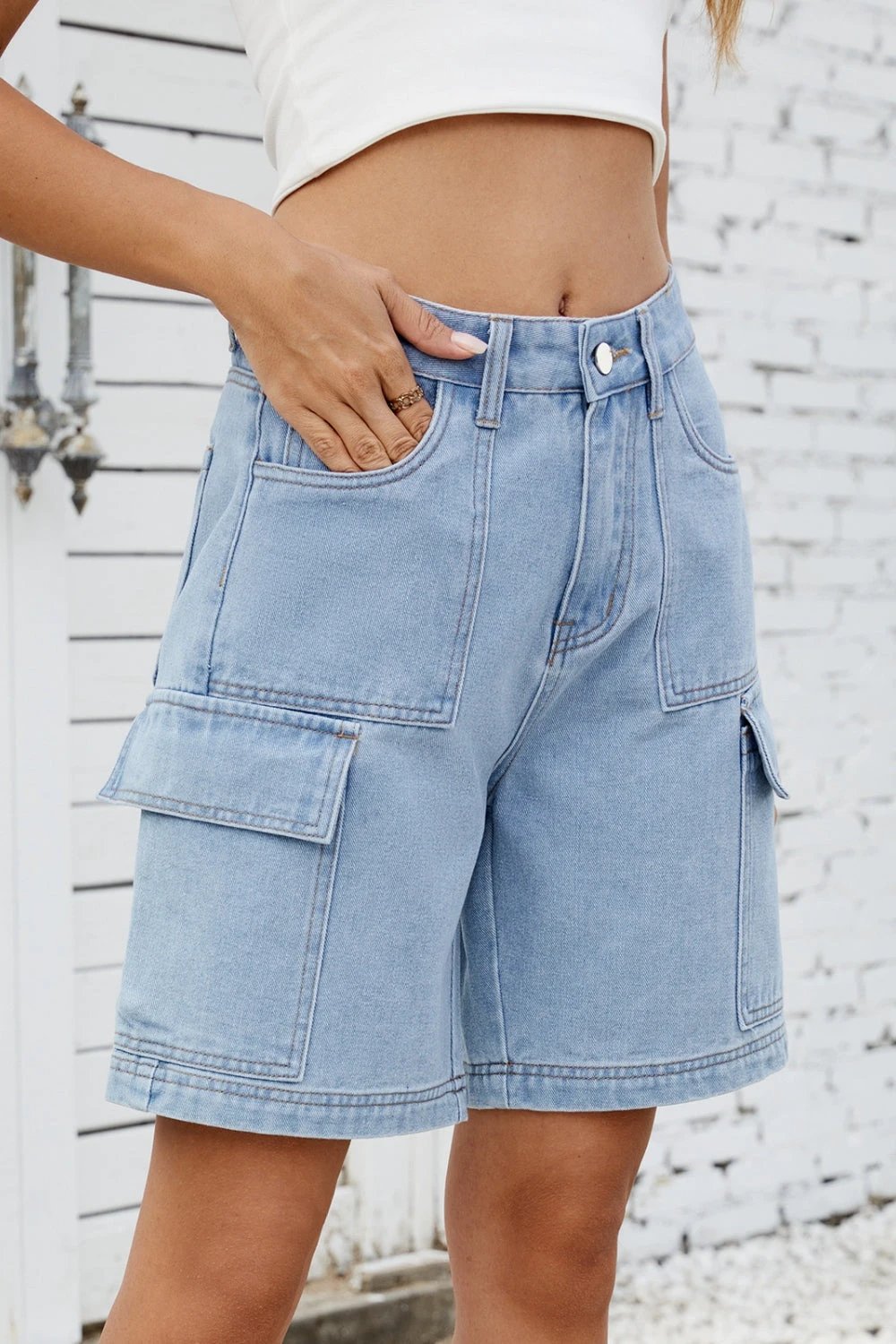 High Rise Denim Shorts with Cargo Pockets by Lady Ros