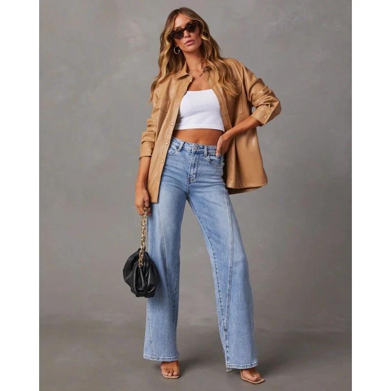 Casual Patchwork Women's Wide Leg Jeans by GJG Denim