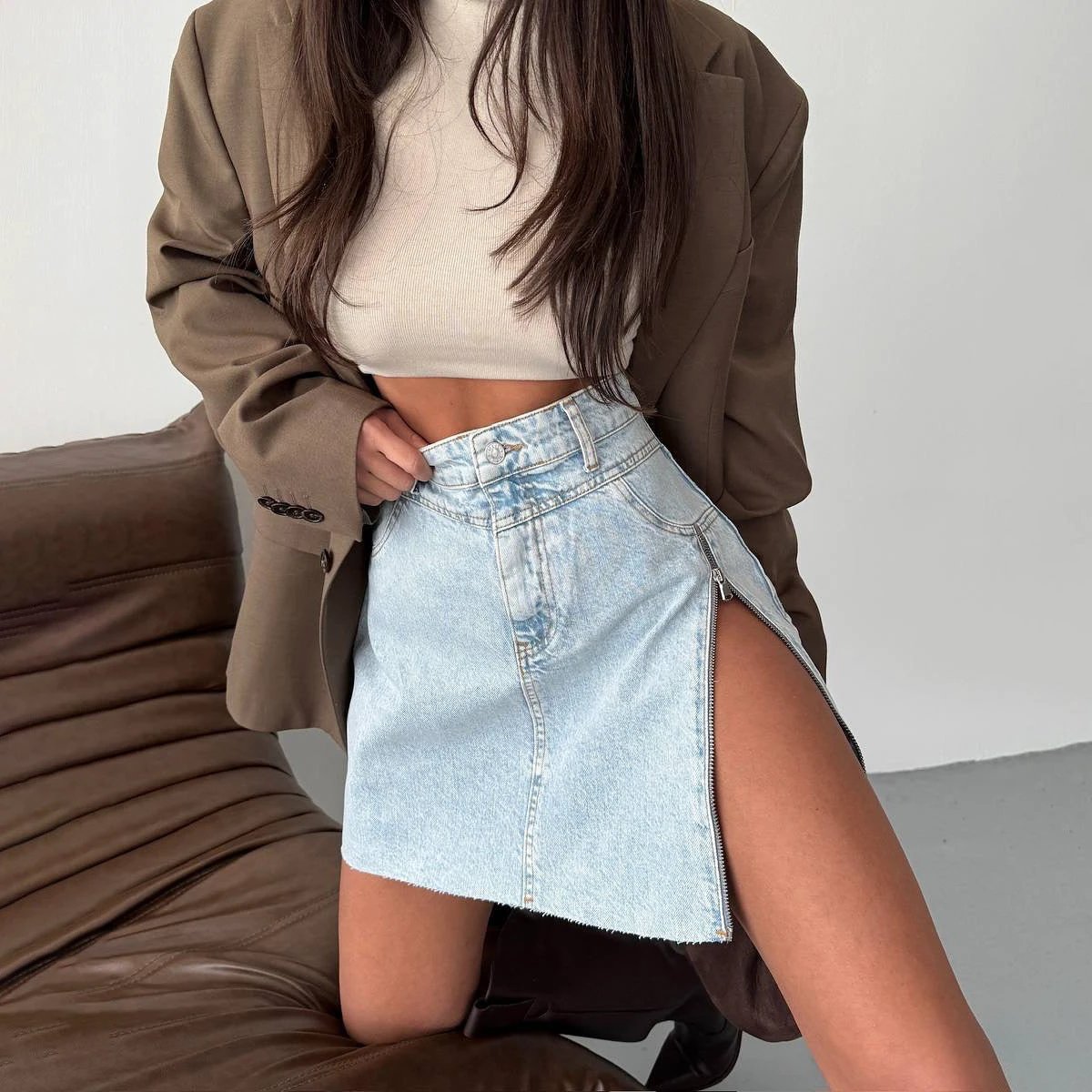 Design Zipper Split Denim Skirt Women by GJG Denim