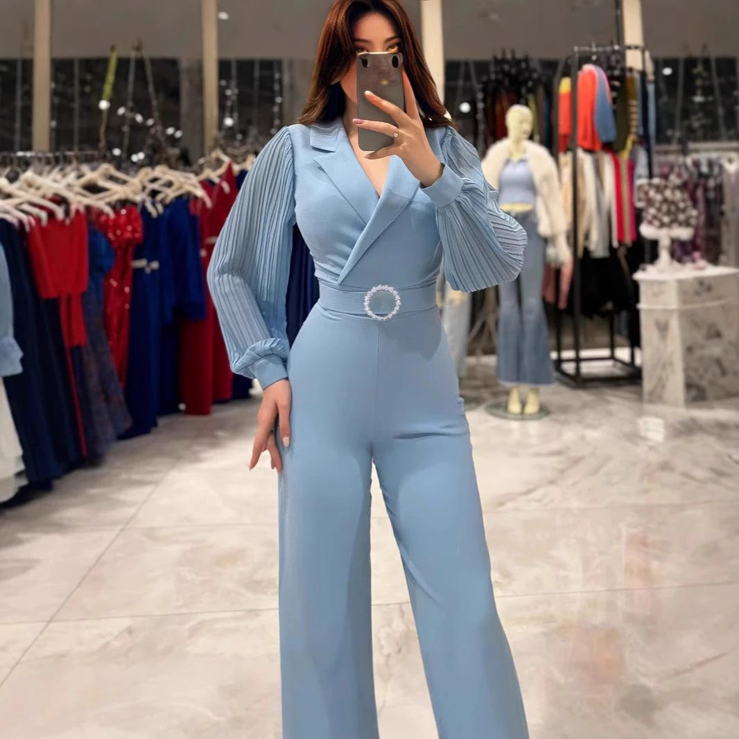 Fitted Jumpsuit With Pleated Long Sleeves And A Blazer Collar by GJG Denim