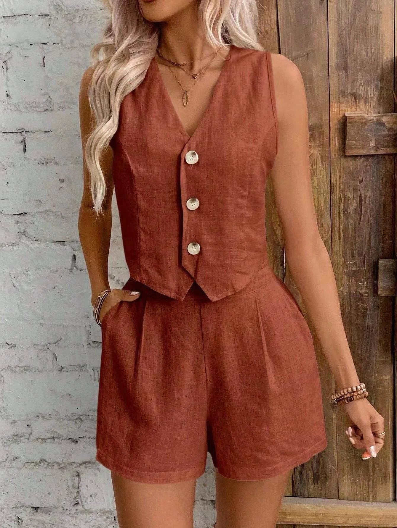 Leisure Commute Front Button Vest And Shorts Suit by GJG Denim